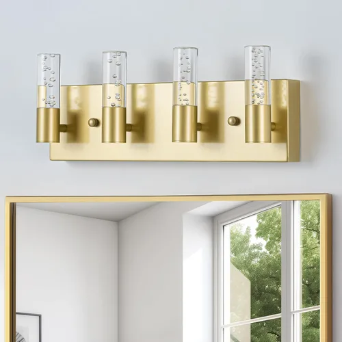 Vista 3 de Lámparas de tocador de baño sobre espejo con acabado dorado cepillado, 4 luces de tocador, apliques de pared para baño