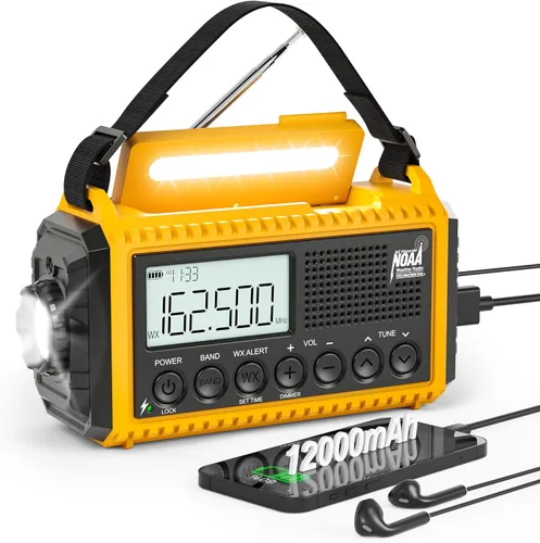 Vista 13 de Eoxsmile NOAA - Radio meteorológica de 12000 mAh, radio de emergencia con manivela manual, solar, funciona con pilas, radio portátil de onda corta