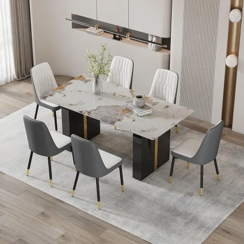 Vista 2 de Juego de mesa de comedor de cocina de 71 pulgadas para juego de mesa de comedor de 6 piezas, mesa de comedor de mármol sintético y sillas de piel