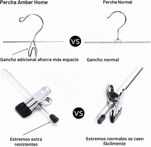 Vista 4 de Amber Home Paquete de 12 perchas de metal resistentes para falda con clips Perchas de metal apilables con 2 clips ajustables, ganchos de clip