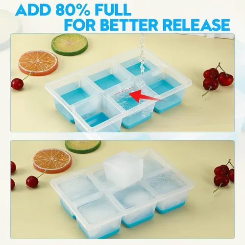 Vista 6 de Bandejas para cubitos de hielo, 2 unidades, moldes grandes de silicona para cubitos de hielo con tapa a prueba de fugas, marco de TPE transparente