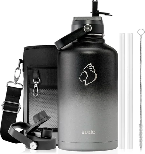 Vista 43 de BUZIO Botella de agua aislada de 24 oz, frasco de agua de boca ancha de acero inoxidable con tapa de pajita, frío durante 48 horas a prueba de Negro