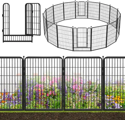 Vista 18 de Valla decorativa de metal negro para jardín con puerta, 4.5 pies de largo x 32 pulgadas de alto, 2 paneles de valla sin excavación, valla de barrera