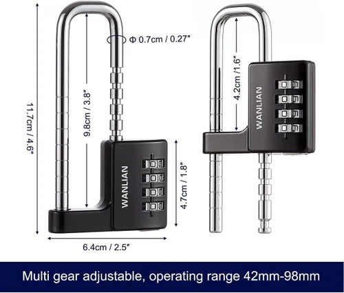 Vista 6 de Cerradura de combinación, cerradura de combinación de 4 dígitos, grillete de 3/8 pulgadas de largo, candado impermeable para exteriores
