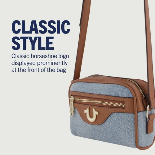 Vista 3 de True Religion Bolso cruzado para mujer, bolso pequeño con correa ajustable, mezclilla, Azul (Denim)