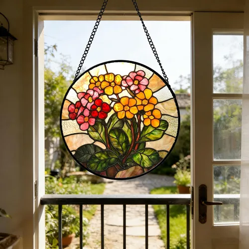 Vista 6 de Atrapasoles para colgar vidrieras, flores amarillas y rojas, para ventana, puerta, decoración del hogar, plantas verdes, atrapasoles, Navidad, Día