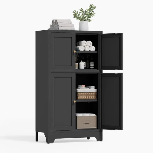 Vista 9 de Gabinete de Almacenamiento de Metal para Baño, Gabinete Aparador Negro con Puertas de Vidrio y Estantes Ajustables, Pequeños Gabinetes de Metal