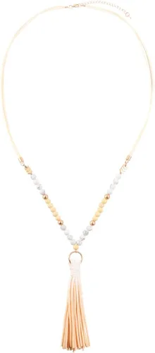 Vista 2 de RIAH FASHION Collar largo con dije de borla bohemia, flecos de cuero de ante sintético, dije de encaje, piedra natural de cristal brillante, cadena