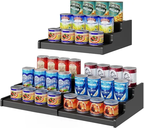 Vista 12 de Organizador de latas de bambú expandible para despensa, soporte de almacenamiento de latas ajustable de 3 niveles, organizador de soda con capacidad