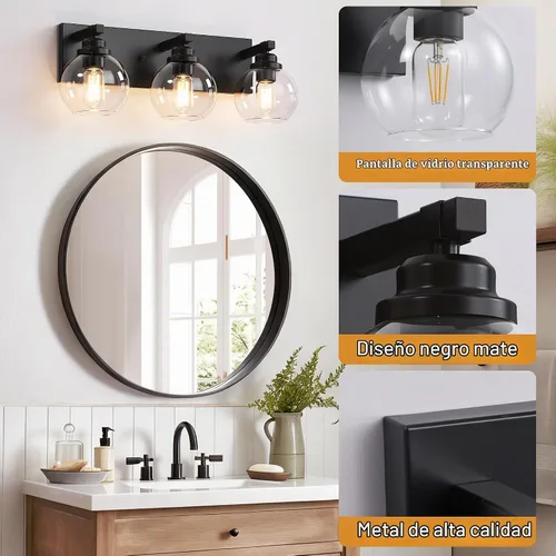 Vista 3 de LmnLvn Lámparas de baño, 3 luces de tocador de color negro mate, modernas lámparas de baño sobre espejo, luces de tocador de granja con pantalla
