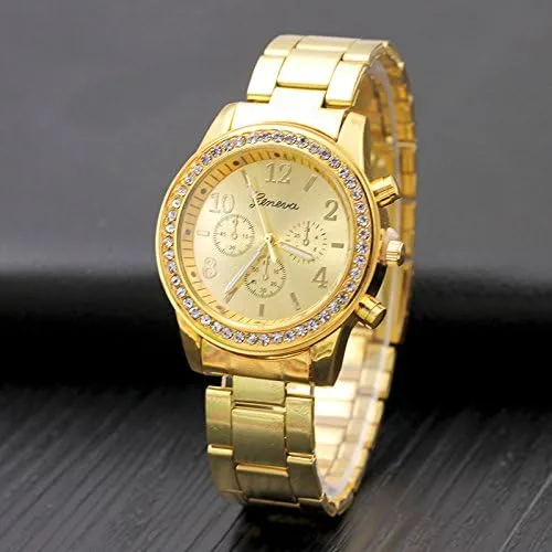 Vista 7 de JewelryWe Luxury Mens Women's Gold Dress Watch Stainless Steel Bling Rhinestones Quartz Wrist Watches