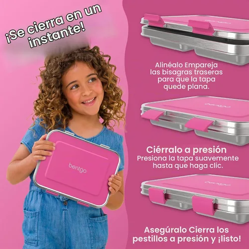 Vista 4 de Bentgo Kids - Lonchera de acero inoxidable resistente a fugas, 3 compartimentos Recipiente de silicona adicional, sin PFAS y BPA, resistente al