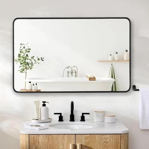 Vista 14 de Espejo rectangular de baño de 24 x 32 pulgadas con marco de metal negro, espejo rectangular de esquina redondeada para pared, moderno y grande