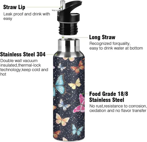 Vista 3 de Stainless Steel Water Bottle 20 Oz, Leakproof Water Bottles for Gym Outdoor Travel School, Colorful Butterflies Black