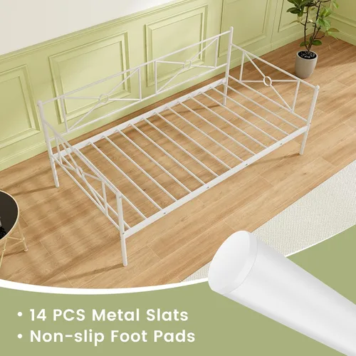 Vista 9 de KOMFOTT Marco de cama de metal de tamaño individual, plataforma de soporte de listones de acero resistente, sofá cama multifuncional con cabecero