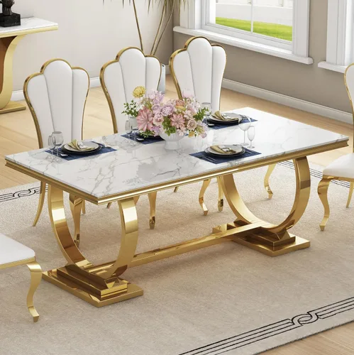 Vista 8 de Mesa de comedor de mármol negro para 4, 6, 70 pulgadas, moderna mesa de comedor de cocina dorada con base de acero inoxidable con diseño