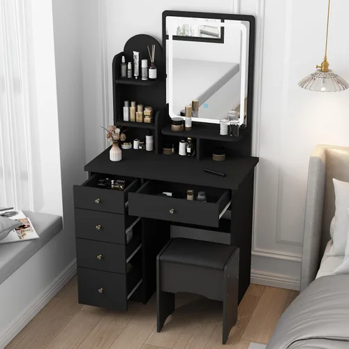 Vista 6 de Tocador con silla, tocador con espejo rectangular iluminado, 5 cajones y estantes, juego de tocador de maquillaje con almacenamiento