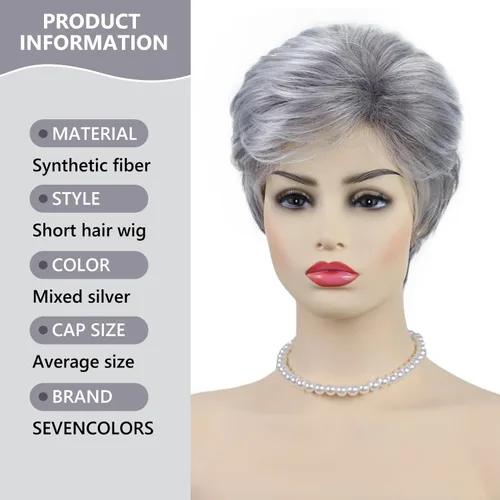 Vista 4 de Pelucas cortas gris plateadas para mujeres blancas, pelucas sintéticas con corte pixie natural y a capas con flequillo, peluca corta de pelo gris