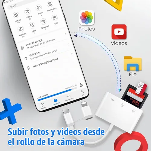 Vista 2 de Lector de tarjetas SD para iPhone iPad, adaptador de tarjeta SD de doble puerto Lightning USB-C integrado con SD MicroSD USB 3 ranuras para cámara