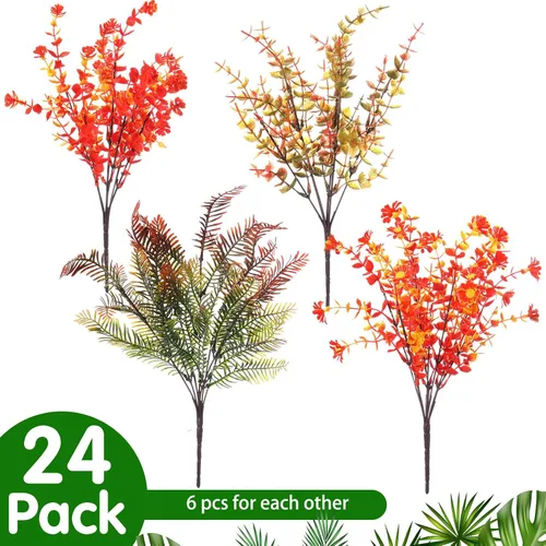 Vista 4 de Geosar 24 paquetes de flores artificiales de otoño para exteriores, resistentes a los rayos UV, flores amarillas y naranjas, flores falsas