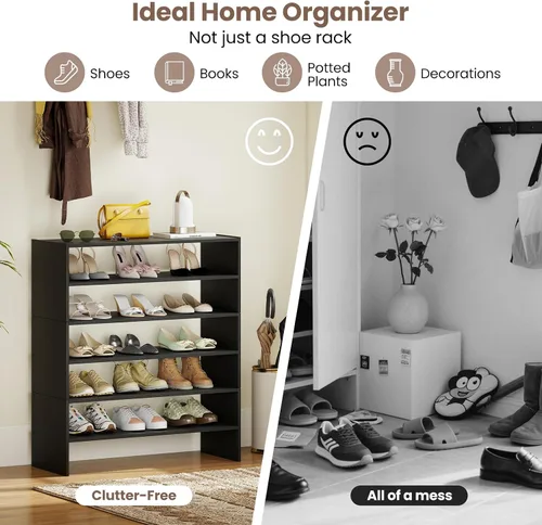 Vista 6 de COSTWAY Zapatero de 6 niveles, estante organizador de zapatos extra ancho con diseño apilable, soporte de almacenamiento de zapatos ajustable
