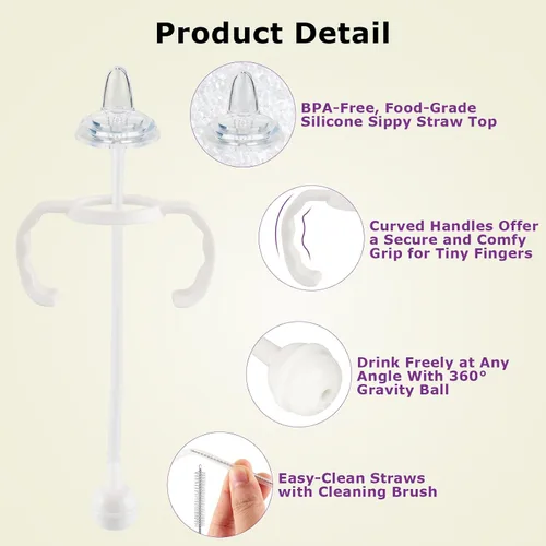 Vista 3 de Kit de conversión de vaso con pajita para biberones de vidrio estrechos y estrechos de Dr. Browns, kit de repuesto con peso con tapa y asa suaves, 6