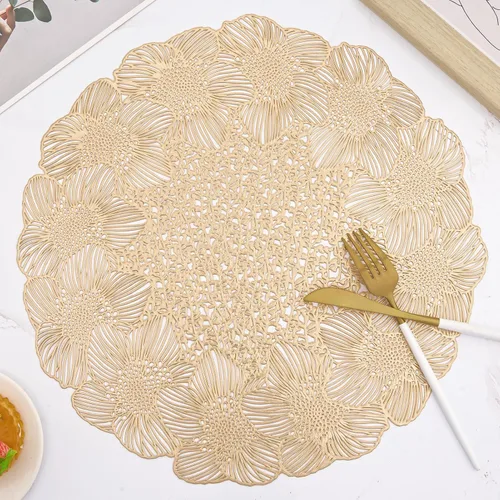 Vista 12 de AdasBridal Juego de 6 manteles individuales redondos dorados para mesa de comedor, manteles individuales de vinilo huecos para decoración de mesa