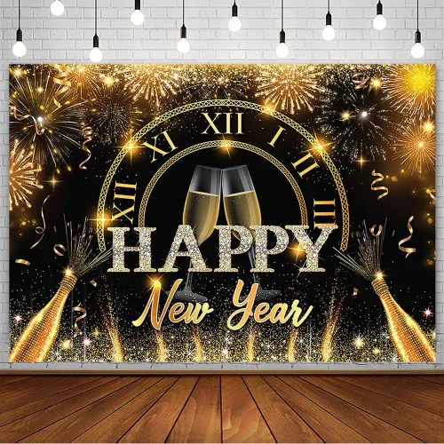 Vista 16 de AIBIIN Telón de fondo de 7 x 5 pies con texto en inglés «Happy New Year» 2026, noche de la ciudad, víspera de Año Nuevo, grandiosos fuegos Fuegos