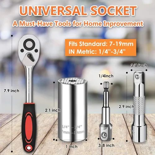 Vista 2 de Kit de herramientas de llave de vaso universal de 0.39 a 0.79 pulgadas, juego de herramientas de agarre con llave de trinquete 3/8, adaptador