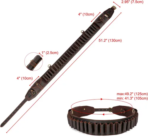 Vista 4 de TOURBON - Cinturón ajustable para munición con 2 bolsas 25 Individual Leather Cartridge Loops, 2.95" Wide Bandolier, Fit 38–46" Waist, 3 Metal