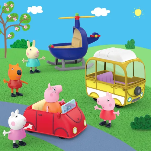 Vista 7 de Peppa Pig Peppa's Little Vehicle Playset para niñas y niños, incluye helicóptero, cámper y automóvil, y juego de 5 figuras, juguetes preescolares, a