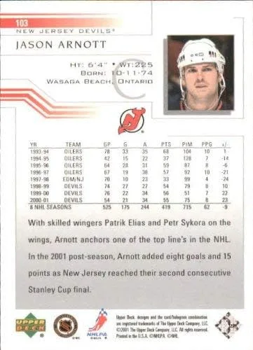 Vista 2 de 2001-02 Upper Deck #103 Jason Arnott NHL Hockey Trading Card