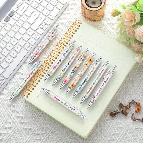 Vista 5 de Sabary 20 bolígrafos con versículo bíblico, con frases inspiradoras de flores cristianas, divertidos bolígrafos retráctiles de tinta para oficina