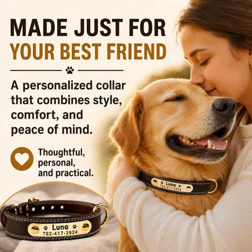 Vista 6 de Collar de cuero para perro personalizado con placa de nombre grabable - Collar con etiqueta de identificación duradera - Collar para perro
