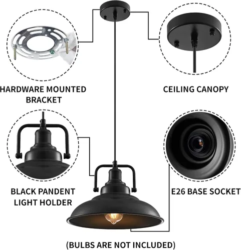 Vista 7 de Paquete de 1 lámpara colgante negra de 12.5 pulgadas, lámpara colgante de granja, iluminación colgante industrial, luces colgantes de cocina, luces