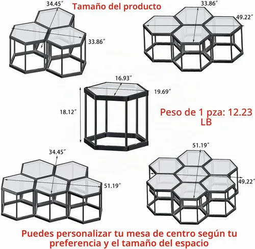 Vista 3 de Mesa de centro moderna de cristal, mesa de centro de cristal combinada, sin hexágonos, mesas auxiliares pequeñas con marco de metal para sala