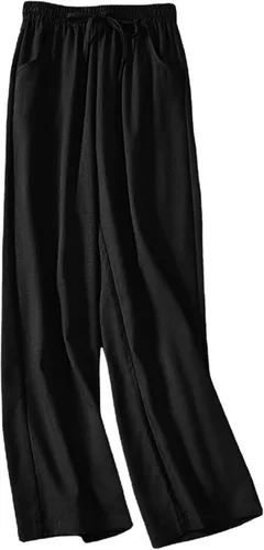 Vista 3 de Sharemen Pantalones de verano para mujer, cómodos, de algodón, de lino, cintura elástica con bolsillos, pantalones capri casuales
