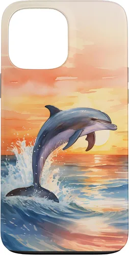 Vista 24 de Dolphin Jumping Sunset Over Ocean Watercolor Art Case for iPhone 17