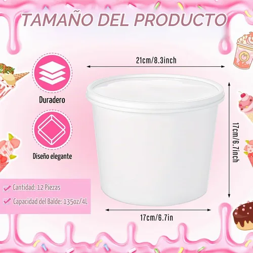 Vista 2 de 12 Piezas Cubos de Helado de 1 Galón con Tapas, Recipientes Redondos de Plástico de Almacenamiento de Alimentos de 135 oz, Cubeta de Ron de Cóctel