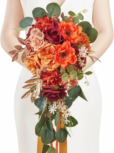 Vista 11 de Serwalin Ramos de boda de 9.8 pulgadas para novia y dama de honor, peonías rosa empolvado, ramos de flores de novia para boda, ramo de lanzamiento