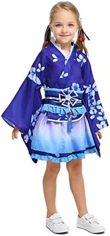 Vista 5 de Disfraz de anime para niños y niñas japonesas Lolita Kimono vintage original tradición Yukata vestido de Halloween azul L 51-55 pulgadas