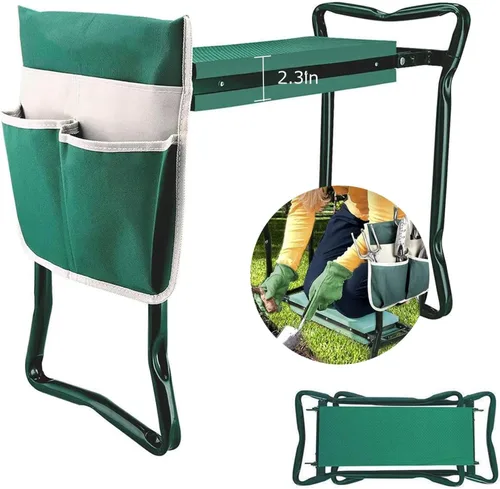 Vista 7 de Taburete plegable de jardín resistente con guantes de bolsillo extraíbles grandes y almohadilla de EVA suave para amantes de la jardinería