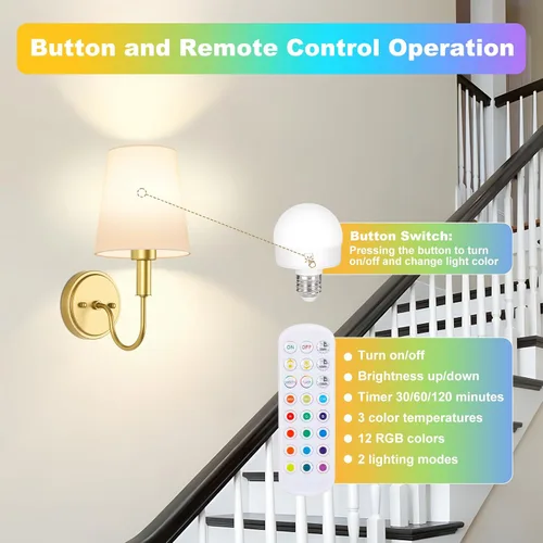 Vista 6 de Aplique de pared inalámbrico recargable, funciona con pilas, con control remoto, lámparas de pared con bombillas LED RGB regulables, sin cableado