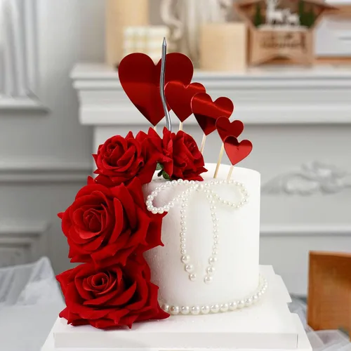 Vista 3 de Ercadio Paquete de 5 decoraciones artificiales de rosas rojas para tartas, rosas 3D, decoración de tartas para amantes, cumpleaños, día de San