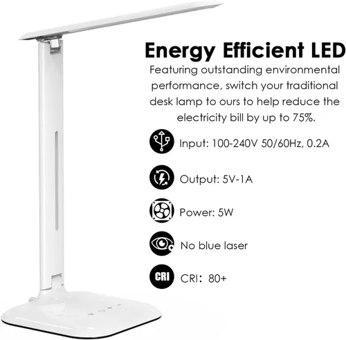 Vista 7 de Lámpara de escritorio LED, luz de escritorio con puerto de carga USB, 3 modos de color, 5 niveles de brillo, lámpara de mesa regulable, lámpara