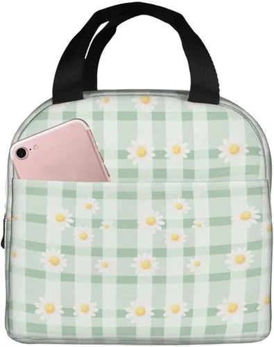 Vista 40 de Lonchera con diseño a cuadros azules aislada, bolsa térmica para almuerzo para adultos, niños, niñas, mujeres, oficina, trabajo, escuela, picnic