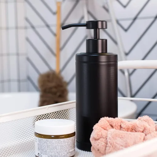 Vista 6 de Dispensador de jabón de acero inoxidable para baño, diseño plano negro mate, bomba de metal, dispensador de jabón líquido de manos a prueba de óxido