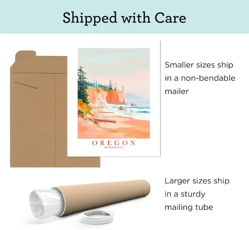 Vista 8 de ColorAndFlair Oregon Travel Print Coastal Ocean Pink Orange Wall Art Retro Poster Beaver State Souvenir Beach Painting (8x10 inches)