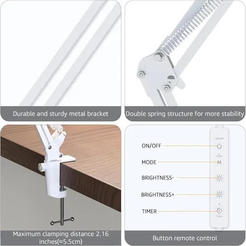 Vista 5 de TROPICALTREE Lámpara de escritorio LED para oficina en casa, con abrazadera y 3 modos de luz Lámpara de 14W con brillo ajustable de 5000K