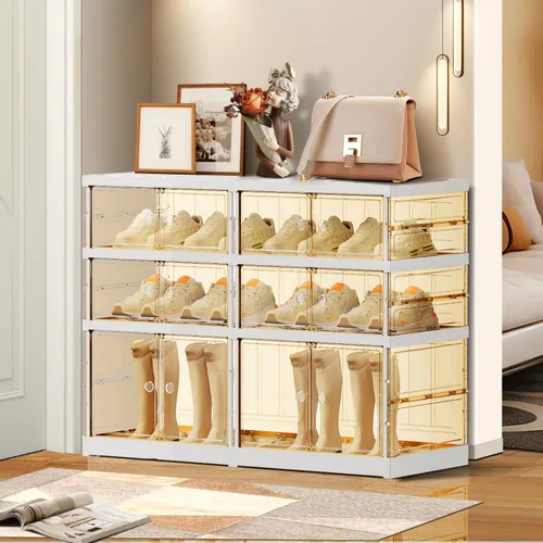 Vista 2 de EHAMILY 3 niveles, 6-12 pares de cajas de zapatos plegables, estante grande de plástico para almacenamiento de zapatos, organizador de zapatos